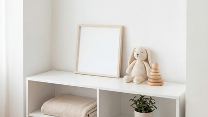 Minimalist neutral toned nursery shelf with handmade knitted toy and wooden stacking rings for infant room decor and early childhood development