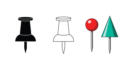 Four variations of push pins illustrated in different styles and colors