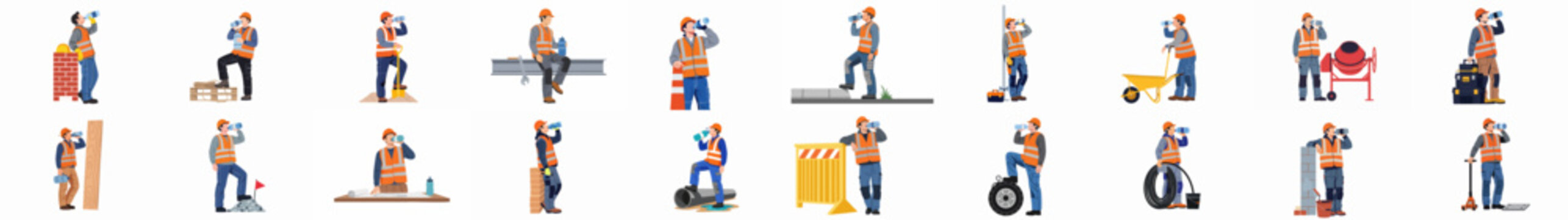 Set of construction worker illustrations in safety vests drinking water for hydration and heat stress prevention during work on white background.
