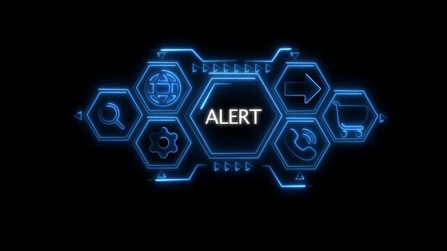 Futuristic digital interface with glowing blue hexagonal frames displaying for search globe gear phone shopping cart and arrow with the word ALERT in
