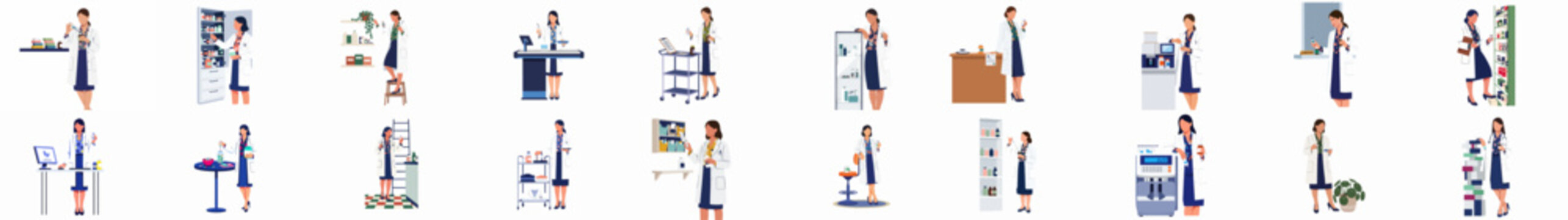 Flat vector character set of a professional female pharmacist in various pharmacy settings, managing medications, consulting patients, and working in a drugstore.