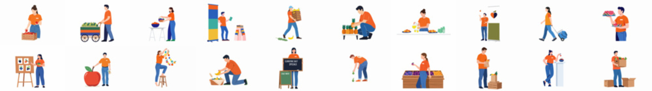 Collection of flat vector characters working with fresh fruits and vegetables at a market, grocery store, or farm.