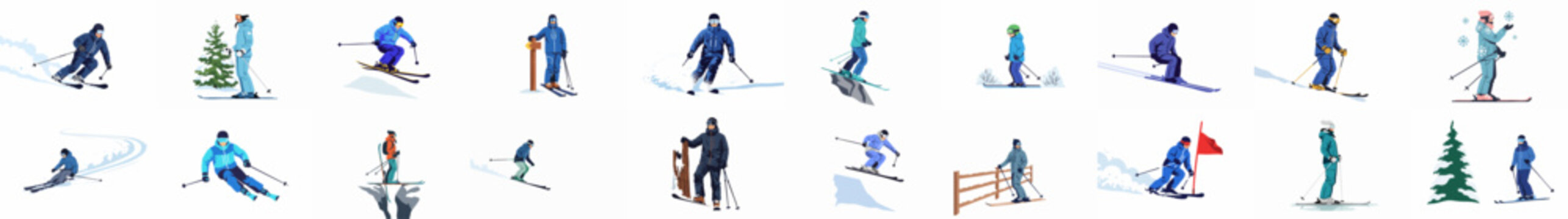 Set of diverse skiers in various poses and winter gear, including downhill skiing, jumping, and standing by trees, flat vector illustration collection.