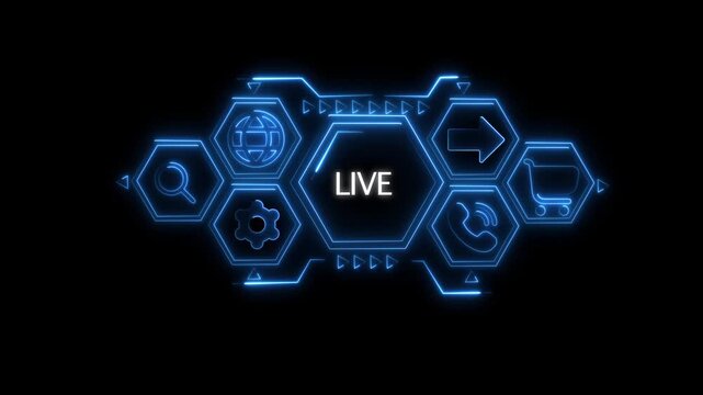 Futuristic digital interface with glowing blue hexagonal frames displaying for search globe gear phone shopping cart and arrow with the word LIVE in the