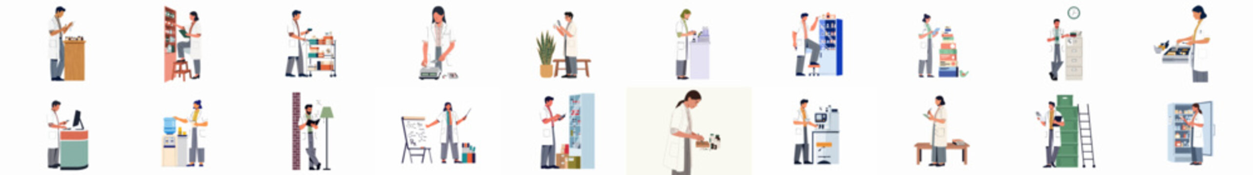 Collection of pharmacists and laboratory workers in white coats performing various professional tasks in a healthcare and pharmacy setting.