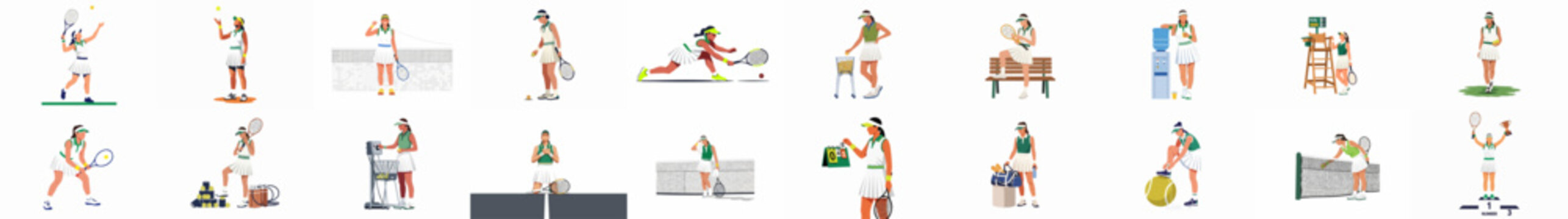 Comprehensive vector illustration set of a female tennis player in various professional poses, including training, match play, and celebrating tournament victory.