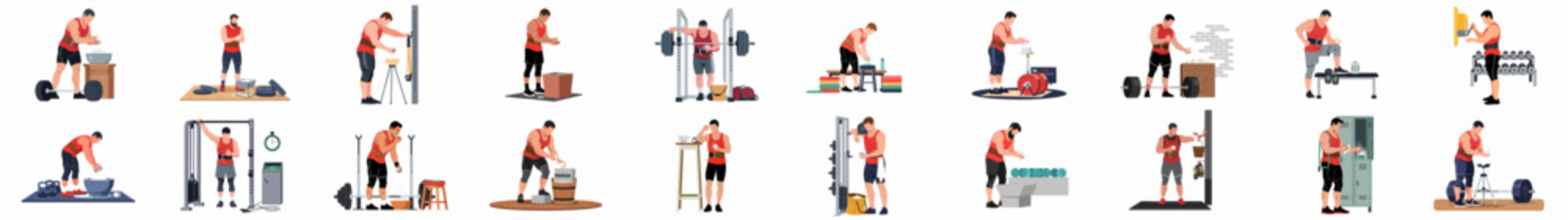 A collection of flat illustrations showing various athletes and bodybuilders applying magnesium chalk to their hands in the gym for better grip.