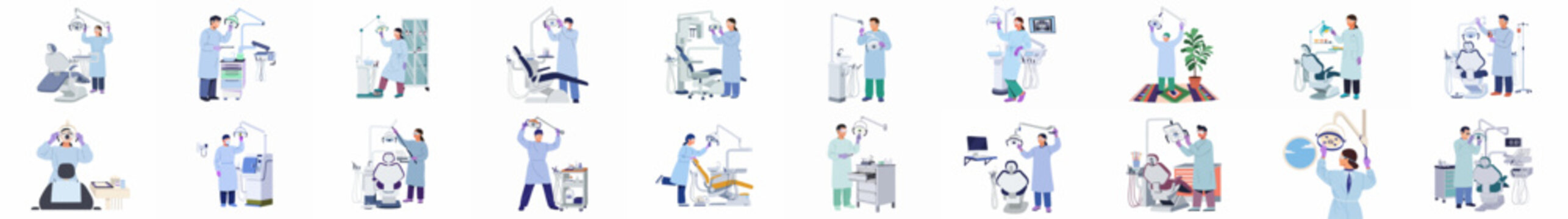 Comprehensive set of 2D flat illustrations featuring male and female dentists and dental assistants using professional equipment in various dental office scenarios.