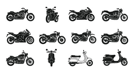 Collection of various motorcycle and scooter silhouettes in black and white © msunny93