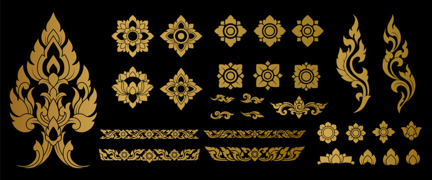 Traditional Thai ornament decoration elements collection with Kanok motifs lotus symbols and decorative borders for cultural design branding packaging and luxury graphics