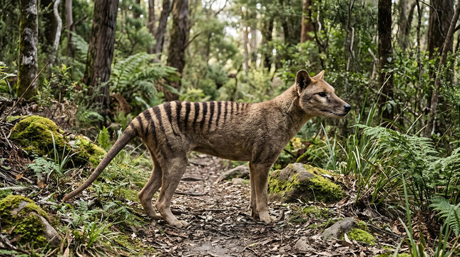 Extinct Tasmanian Tiger Thylacine Thylacinus cynocephalus standing in a forest at dusk