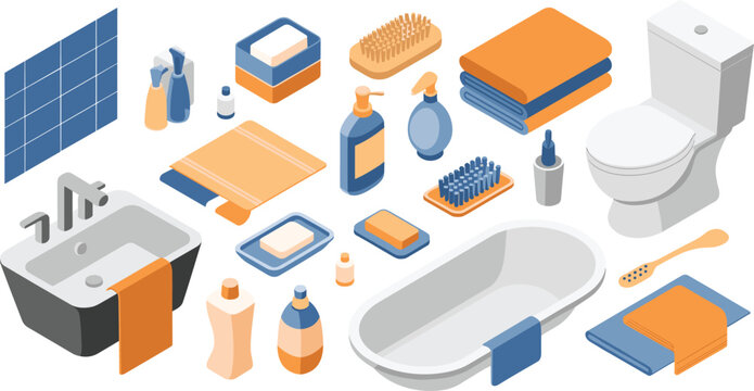 Isometric bathroom accessories collection, sink bathtub toilet towels soap dispenser brush hygiene items modern bathroom interior vector illustration
