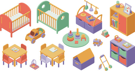 Obraz premium Isometric kids room furniture and toys set, baby crib play table toy storage children bedroom interior vector illustration