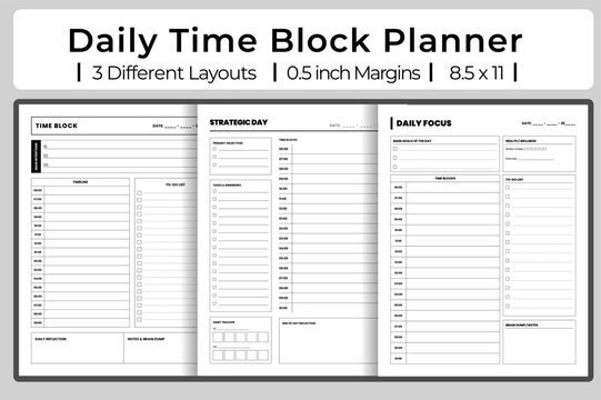 Daily time block planner vector template with hourly schedule and task list.