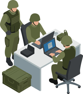 Isometric military command center scene, soldiers using computers for tactical operations, defense technology teamwork vector illustration concept design