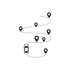 Fototapeta premium Car journey with multiple location pins along a dotted path.