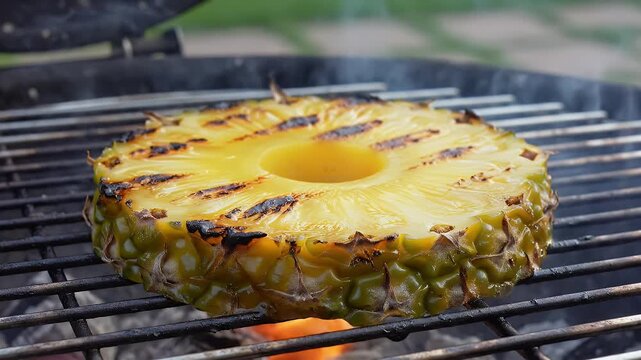 A grilled pineapple slice on a barbecue grill. Smoke rises from the fiery embers