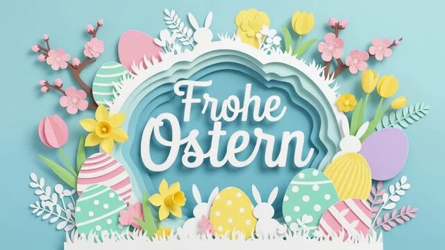Animated layered paper cut easter greeting with pastel eggs, bunnies and spring flowers, featuring a gentle lefttoright pan and subtle parallax motion.