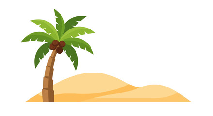 Fototapeta premium Lonely palm tree in desert landscape with sandy dunes in cartoon style for travel brochure