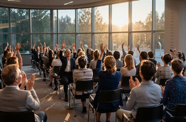 Obraz premium Diverse audience applauds enthusiastically in modern glass-walled