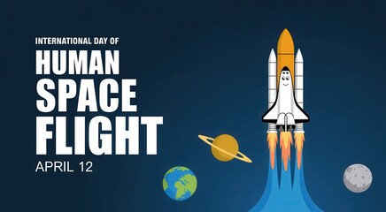 Obraz premium International day of human space flight poster with rocket and planets on blue background