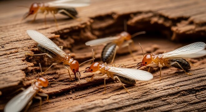 Close-up view of several winged termites, also known as alates, crawling on and around a piece of damaged, infested wood, highlighting the destructive nature of these pests.