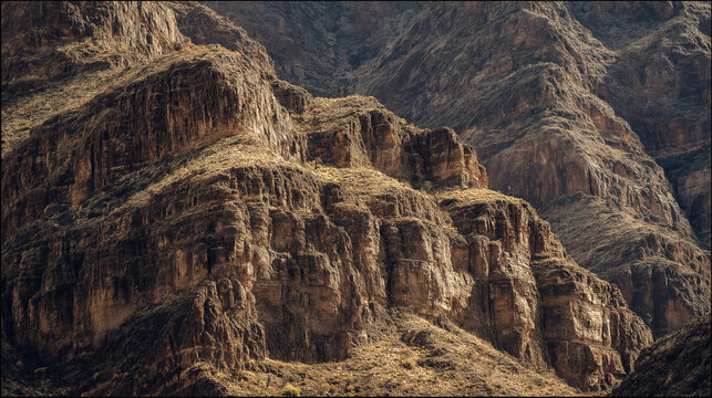 tonalite. Stepped rock layers in a canyon wall, desert landscape. travel magazines, destination branding, wall prints, designed for outdoor magazines and nature guides, used by graphic designers.