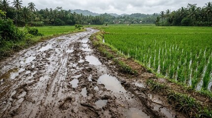 Fototapeta premium Muddy rural dirt road with puddles beside lush green rice fields under cloudy sky in tropical countryside agriculture landscape