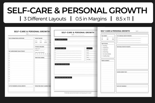 Self Care and Personal Growth planner vector for mental wellness with mood tracker, affirmations, and gratitude journal layouts.