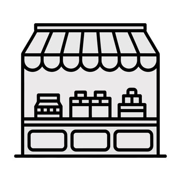 A vector illustration of a small shop facade with various products displayed