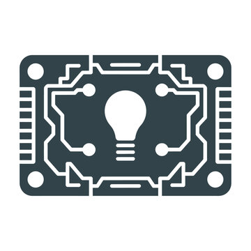 A vector illustration of a circuit board with a lightbulb symbol in the center