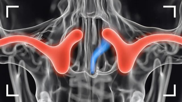 Cinematic X-ray scan of human skull, slowly zooming into the nasal cavity, highlighting inflamed sinuses in red and a deviated septum in blue