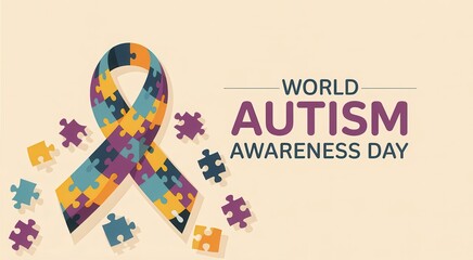 Fototapeta premium World autism awareness day awareness ribbon with puzzle pieces on beige background
