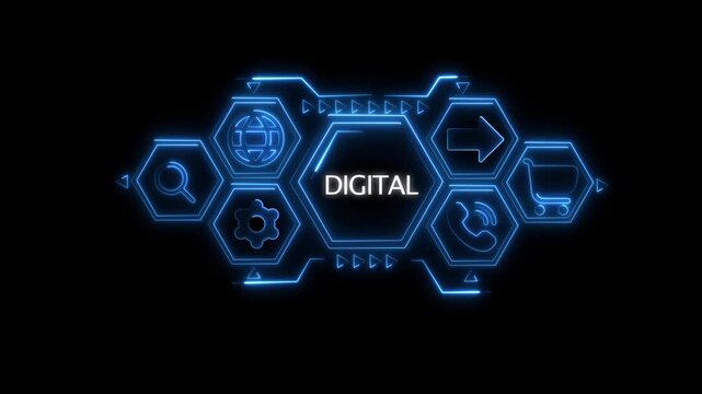 Futuristic blue neon hexagonal interface displaying the word DIGITAL surrounded by technology like globe search gear phone shopping cart and arrow on