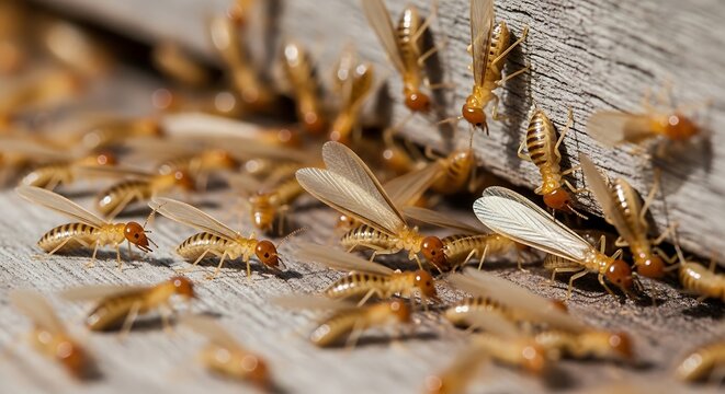 A close-up view of a large swarm of winged termites, also known as alates, crawling on a textured wooden surface, indicating a potential infestation or mating flight.