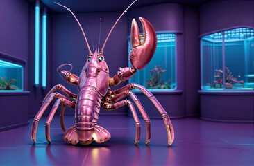 Pink robotic lobster in neon-lit lab with aquariums and glowing