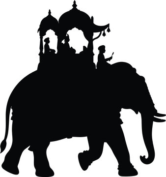 Silhouette of a majestic indian elephant carrying a decorated traditional howdah and riders for royal wedding procession and cultural heritage travel celebrations.