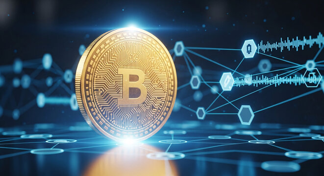 Glowing bitcoin symbol connected to global digital network. Concept of cryptocurrency, blockchain technology, fintech innovation, and decentralized finance
