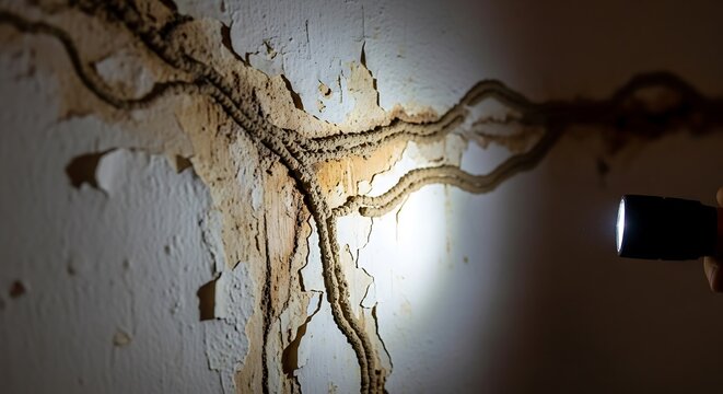 Termite mud tubes extensively damaging a residential wall, illuminated by a flashlight during an inspection for pest infestation.