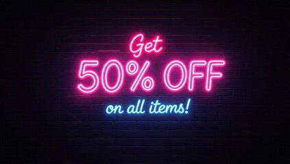 Obraz premium Neon Fifty Percent Off Discount Sign on Dark Brick Wall