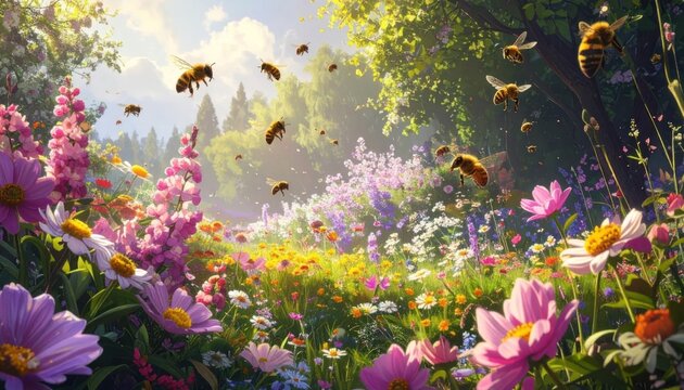 Whimsical scene of buzzing bees amongst vibrant wildflowers in a sunny meadow