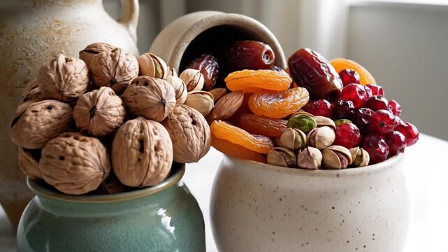 Set of ceramic vases filled with various nuts and different dried fruits are on a white table 