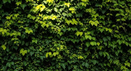 Obraz premium A dense, full-frame texture of vibrant green ivy leaves covering a wall, with natural sunlight filtering through the top.
