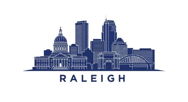 Blue silhouette illustration of the Raleigh city skyline with notable buildings and the city name on a white background.