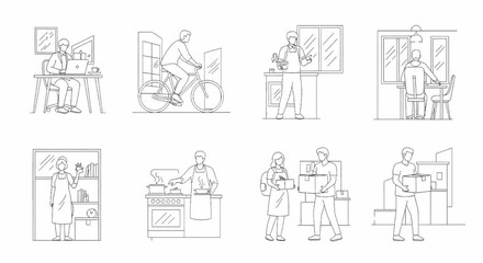 Fototapeta premium Architectural People Outline Vector Collection – Diverse Characters Working, Cycling, Cooking and Delivery Activities Single Line Art on White Background