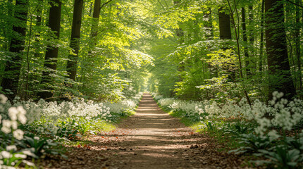 Naklejka premium Sunlit forest path lined with white wildflowers and lush green trees woodland trail nature