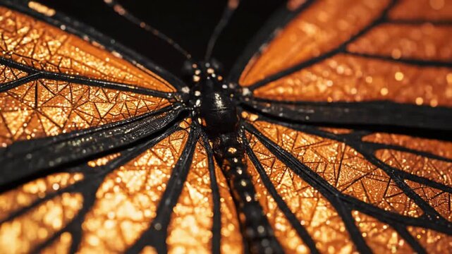 Close-up of a Black and Orange Monarch Butterfly Wing with Intricate Geometric Pattern