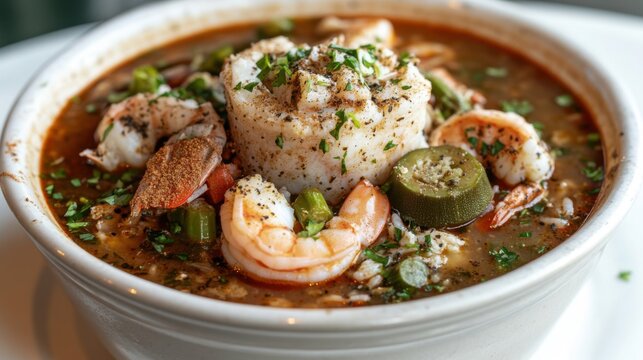 Hearty Seafood Gumbo Bowl with Rice and Shrimp