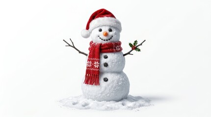 Obraz premium A cheerful snowman wearing a red santa hat and scarf stands on a white snowy background, ready for winter holidays.