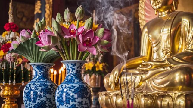 Closeup footage of flowers in blue vases next to a statue of Buddha inside a temple